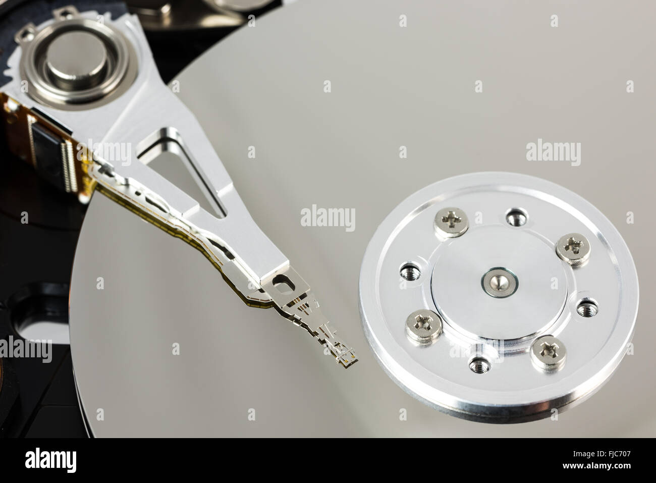 Details eines offenen Computer Festplatte Stockfoto