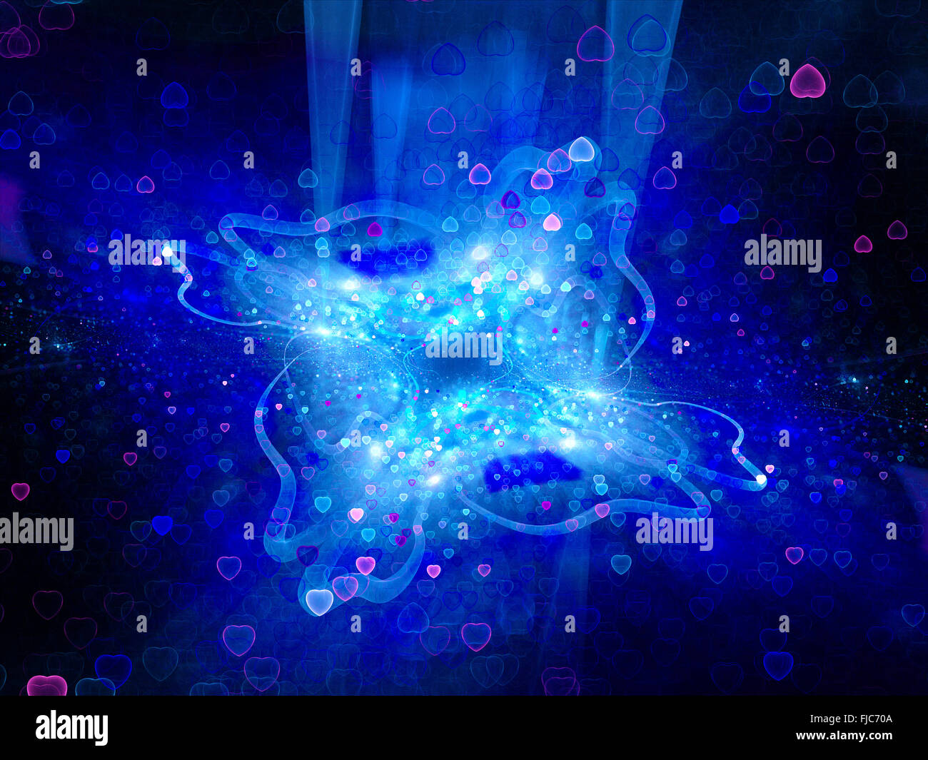 Blau leuchtende magische Objekt im Raum mit Herz bokeh, computer-generierte Zusammenfassung Hintergrund Stockfoto