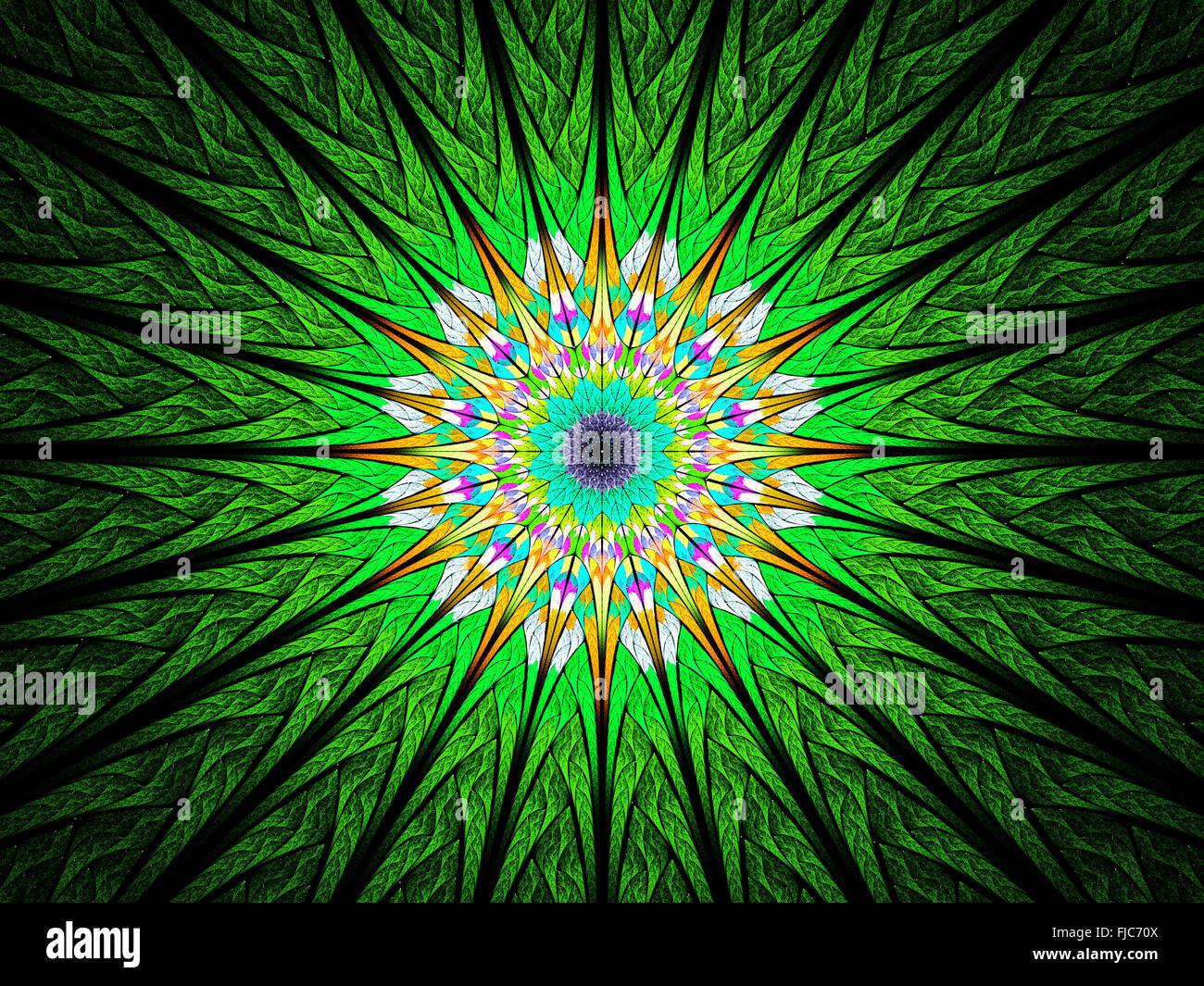 Green Sun Flower geformte Glasmalerei fraktal, computer-generierte Zusammenfassung Hintergrund Stockfoto