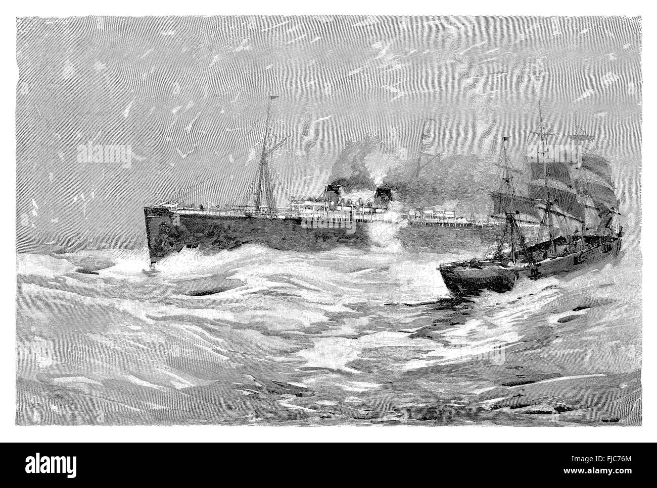 Schwarz / weiß-Gravur der White Star Line Dampfschiff S.S. Majestic vorbei an drei Mast Segelschiff auf hoher See. Stockfoto