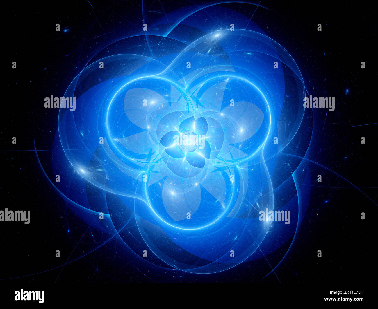 Blau leuchtende Mandala im Raum, Computer generierte abstrakten Hintergrund Stockfoto