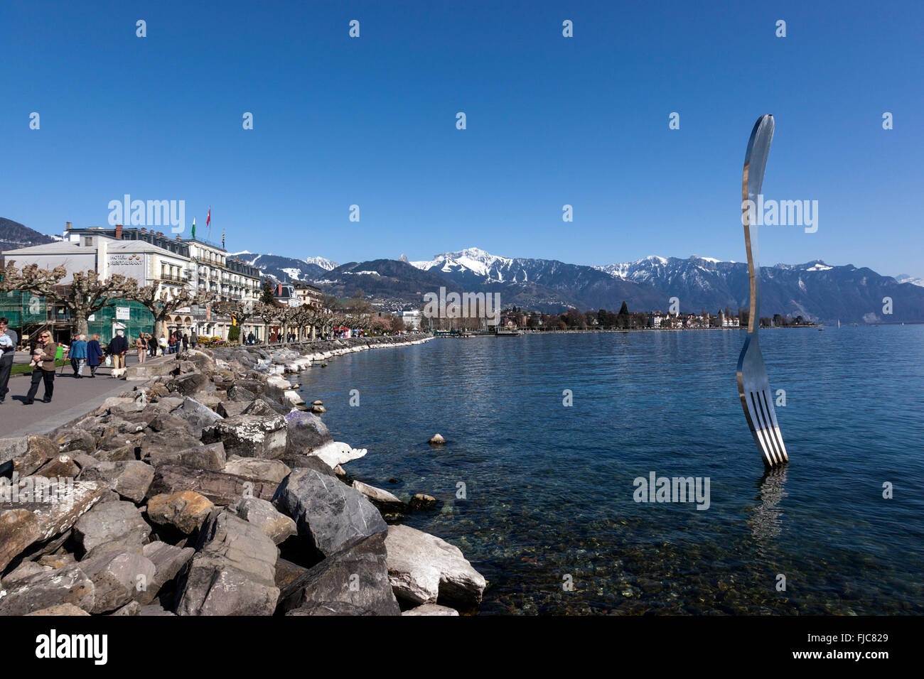 Die große big Fork Vevey, entworfen von Jean-Pierre Zaugg, in den Genfersee in Vevey, Waadt, Stockfoto