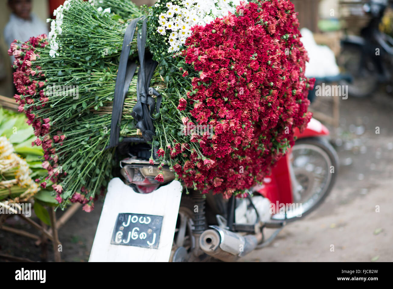 MANDALAY, Myanmar - ein Motorrad ist mit frischen Blumen geladen für  Lieferung an den Nachmittag Flower Street Markt in Mandalay, Myanmar (Birma  Stockfotografie - Alamy