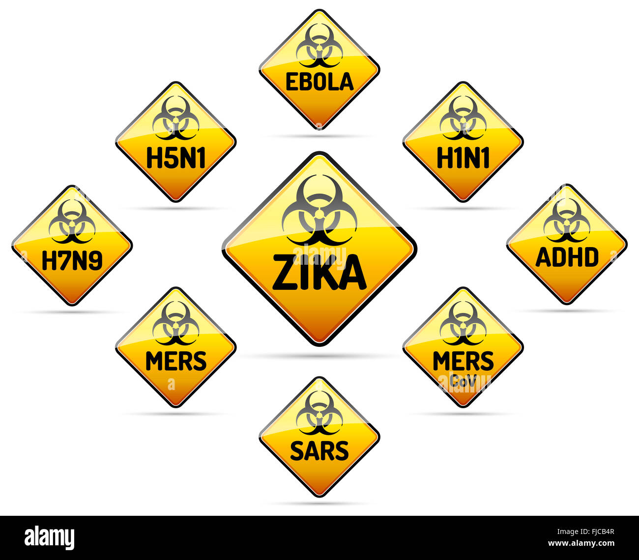 ZIKA EBOLA MERS SARS H5N1 Biohazard Virus Warnung Zeichen Sammlung mit Spiegeln und Schatten auf weißem Hintergrund Stockfoto