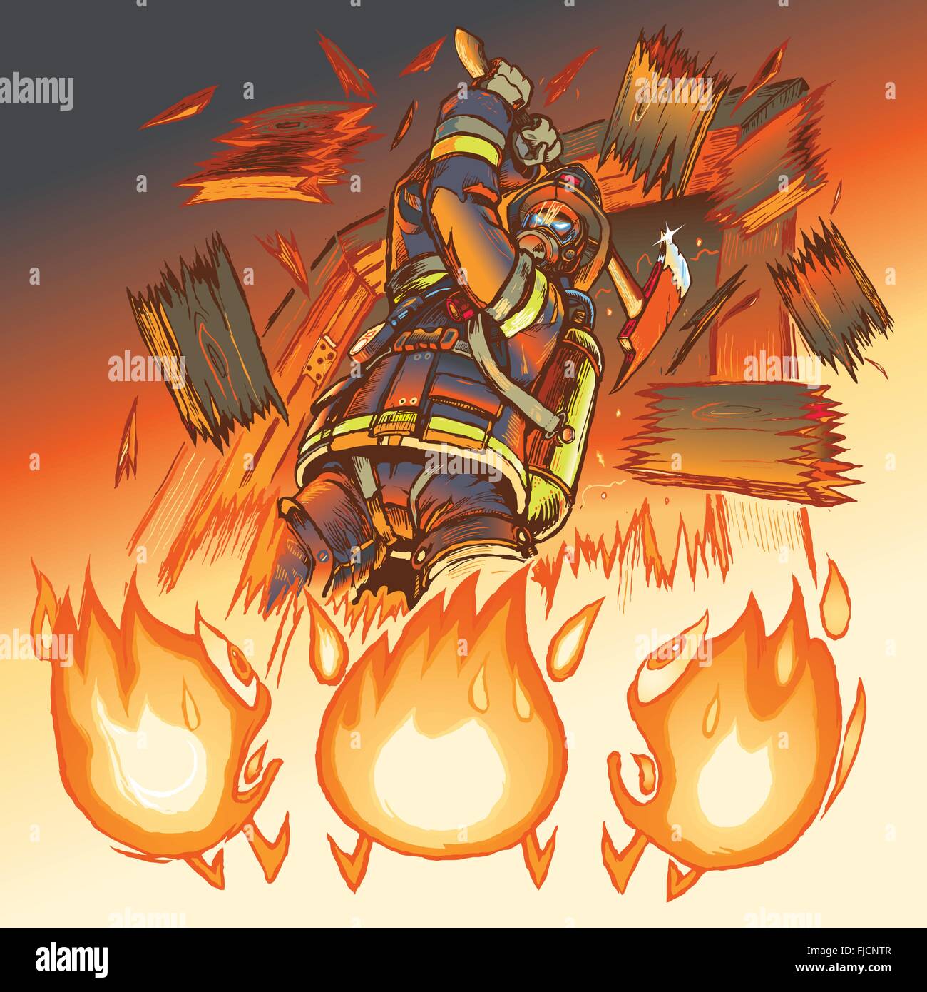 Illustration von beängstigend Feuerwehrmann stürzt über eine Tür mit einer Feueraxt, sehr zum Leidwesen der drei Cartoon Flammen. Stock Vektor