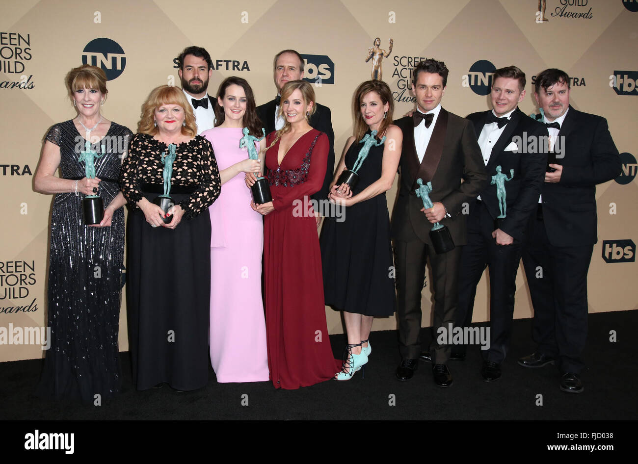 22. Annual Screen Actors Guild Awards in der Schrein Expo Hall - Presse-Lounge mit: Phyllis Logan Tom Cullen, Lesley Nicol, Sophie McShera, Joanne Froggatt, Raquel Cassidy, Kevin Doyle, Julian Ovenden, Allen Leech, Jeremy Swift wo: Los Angeles, California, Vereinigte Staaten von Amerika bei: 30. Januar 2016 Stockfoto