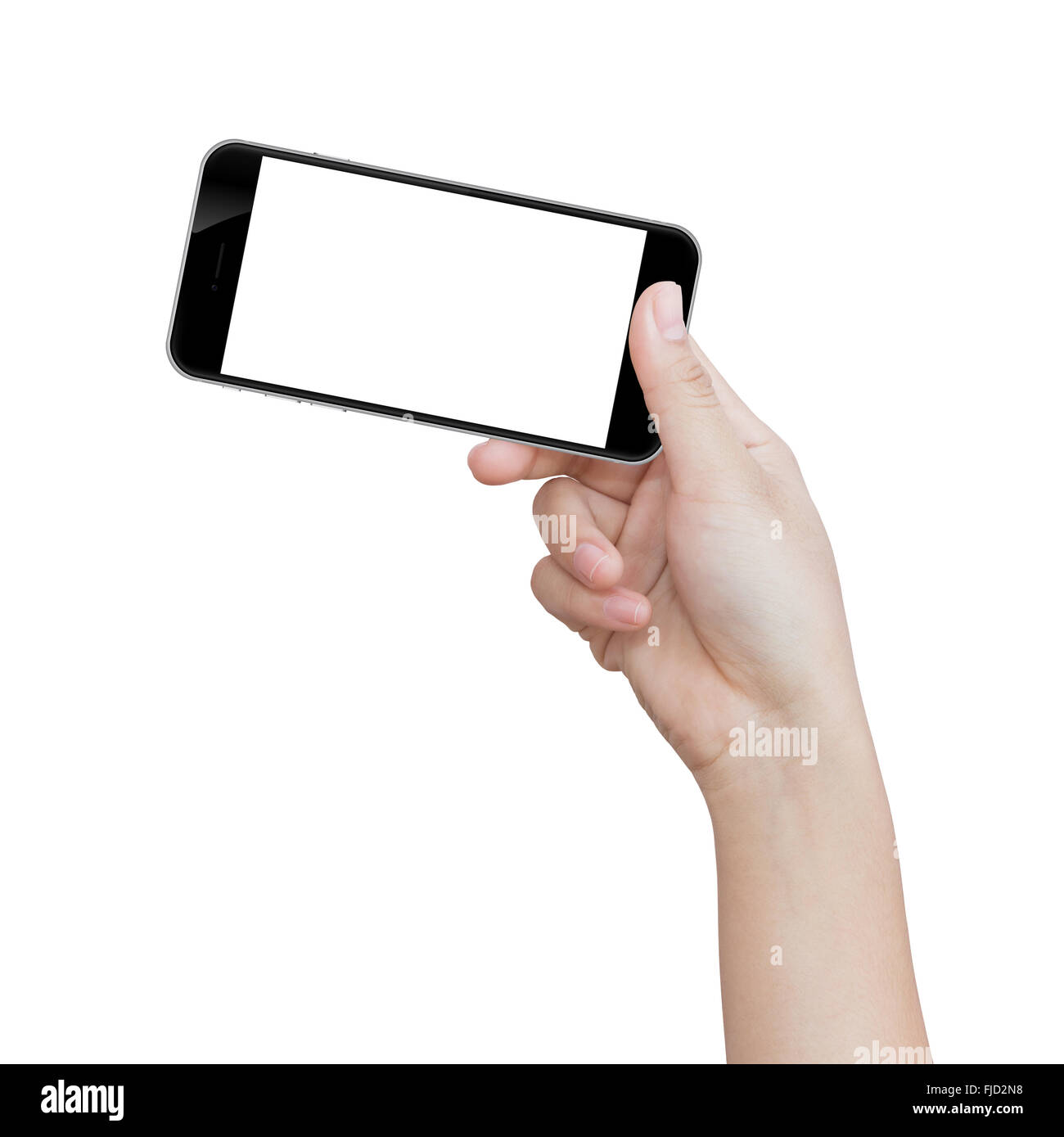 Hand hält schwarz Telefon isoliert auf weißem Beschneidungspfad in Bilddaten Stockfoto