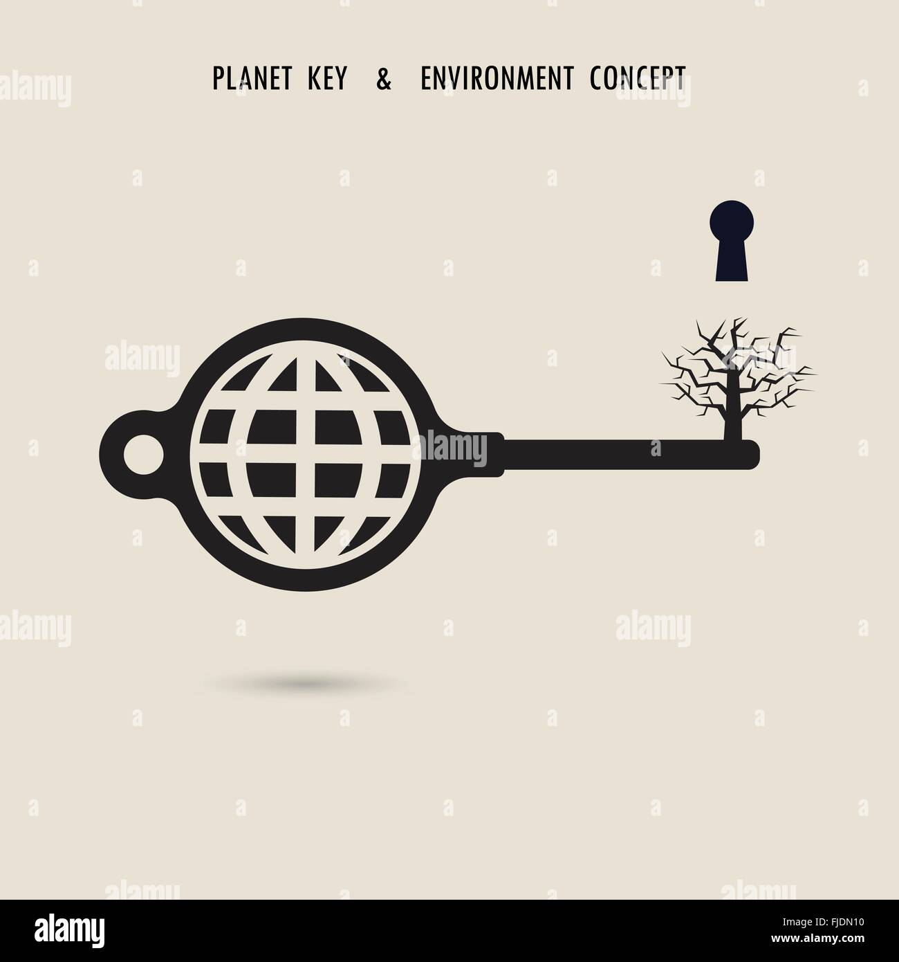 Globus-Schlüssel-Symbol mit dem toten Baum-Zeichen. Naturkatastrophen und Umweltkonzept. Flaches Design-Vektor-illustration Stock Vektor