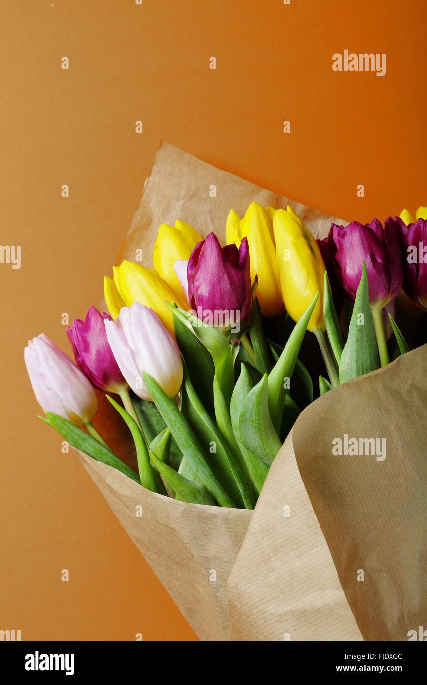 Frühlingsblumen eingewickelt in Kraftpapier, Tulpen Stockfoto