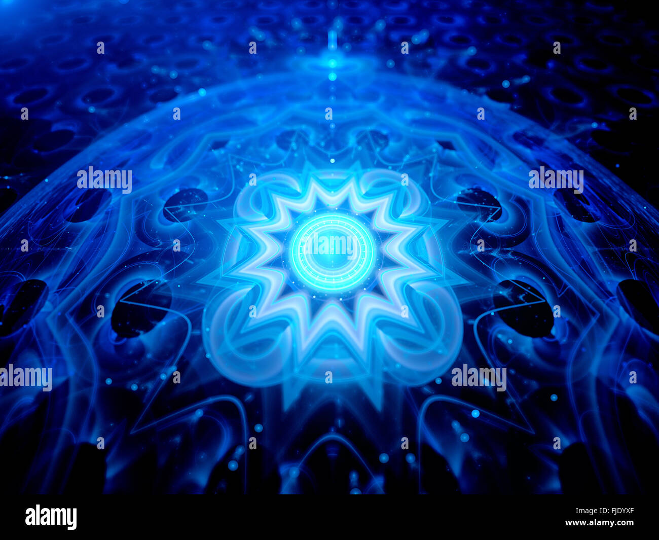 Blau leuchtende magischen Raum Mandala 3d, computergenerierten abstrakten Hintergrund Stockfoto