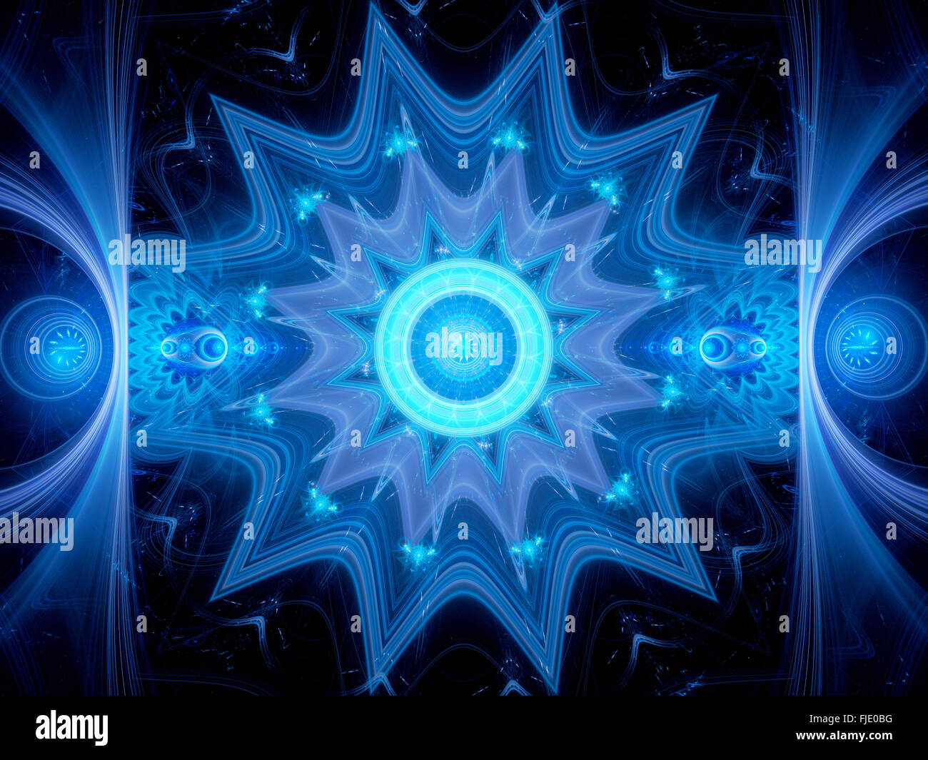 Magisches blau leuchtenden Mandala im Raum, Computer generierte abstrakten Hintergrund Stockfoto