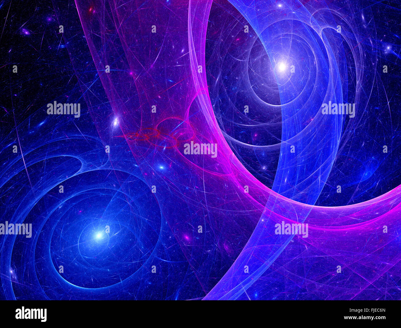 Bunte Flugbahnen mit leuchtenden Sternen im Deep Space, Computer generierte abstrakten Hintergrund Stockfoto