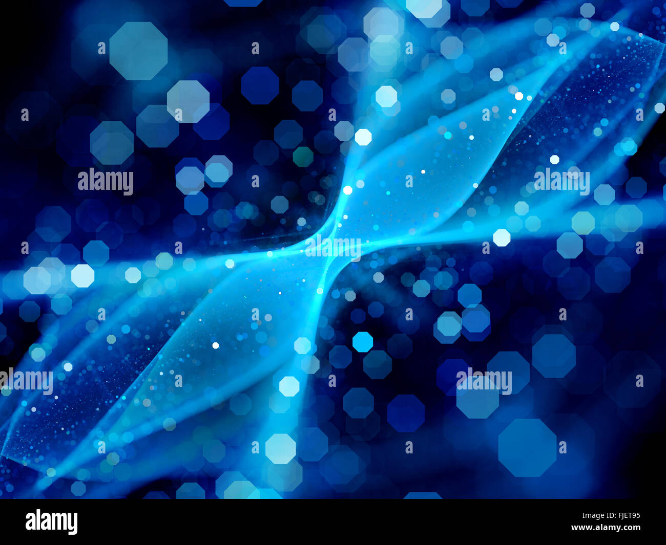 Blau leuchtende multidimensionale Oberfläche im Raum mit Partikeln, Bokeh, Computer generierte abstrakten Hintergrund Stockfoto