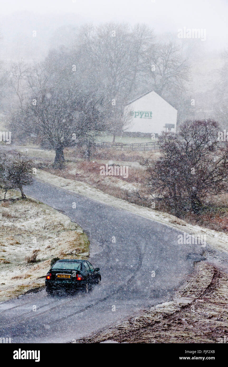 Obere Kapelle, Powys, Wales, UK. 2. März 2016. UK-Wetter: Eine Autofahrer verhandelt die kleine Straße in einem Schneesturm zwischen oberen Kapelle & Garth, heute Morgen auf das Hochmoor des Bereichs Mynydd Epynt. Ein Schneesturm, Schnee, Hagel und Graupel mit Böen bis zu ca. 50 km/h Wind schlagen hohe Land in Powys, Wales heute Morgen. Bildnachweis: Graham M. Lawrence/Alamy Live-Nachrichten. Stockfoto