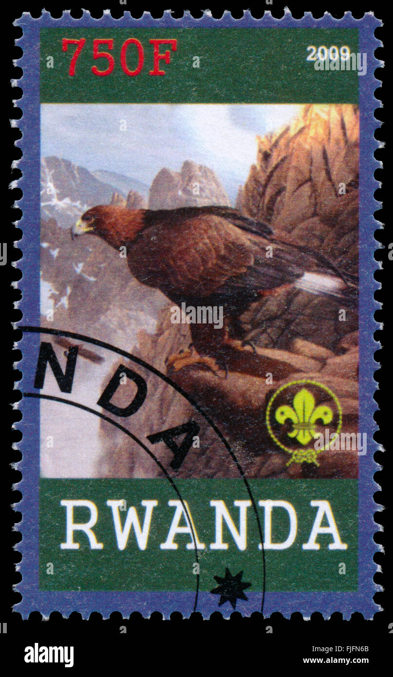 BUDAPEST, Ungarn - 01. März 2016: eine Briefmarke gedruckt von Ruanda, zeigt Eagle, ca. 2009 Stockfoto