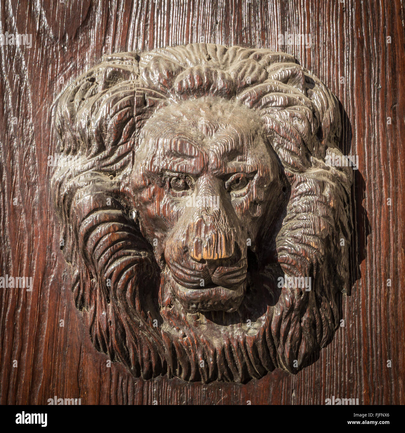 Antiker Holzkopf Löwen an der Eingangstür Stockfoto