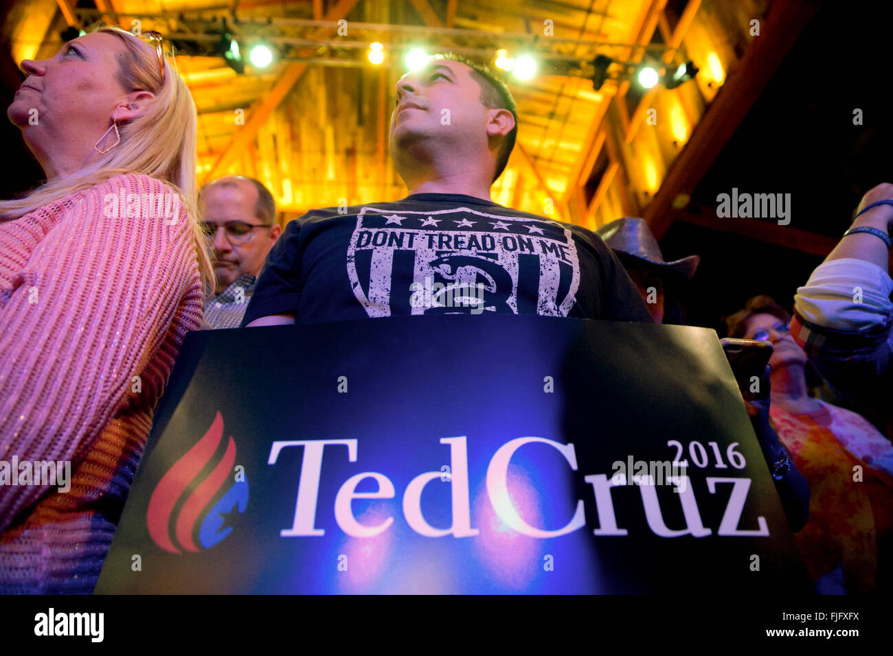 Anhänger hören als republikanischen Präsidenten hoffnungsvollen Ted Cruz einen entscheidenden Sieg in der Texas Primärwahl genießt. Stockfoto