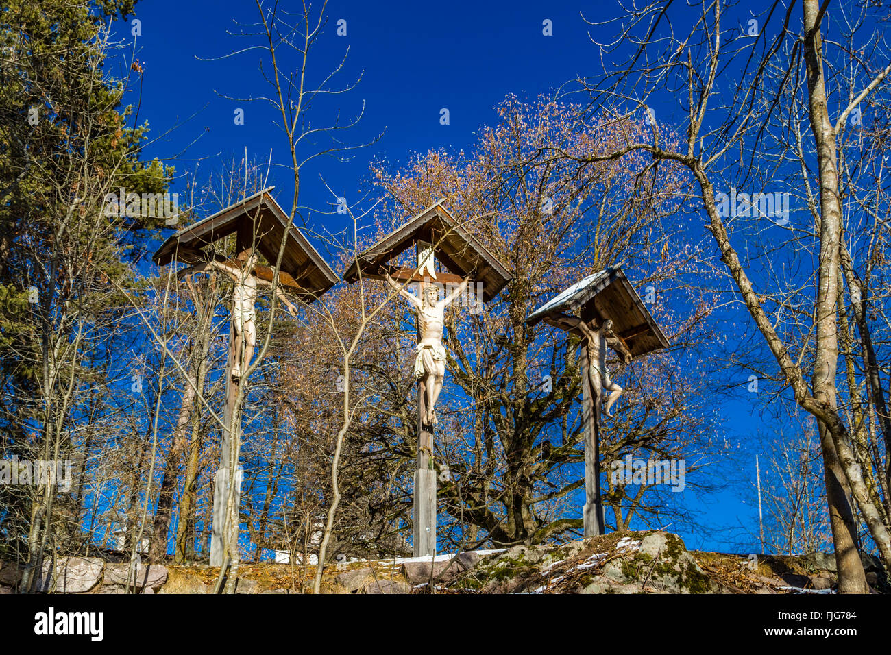 Kalvarienberg, Jesus Christus am Kreuz zwischen den zwei Räuber Stockfoto