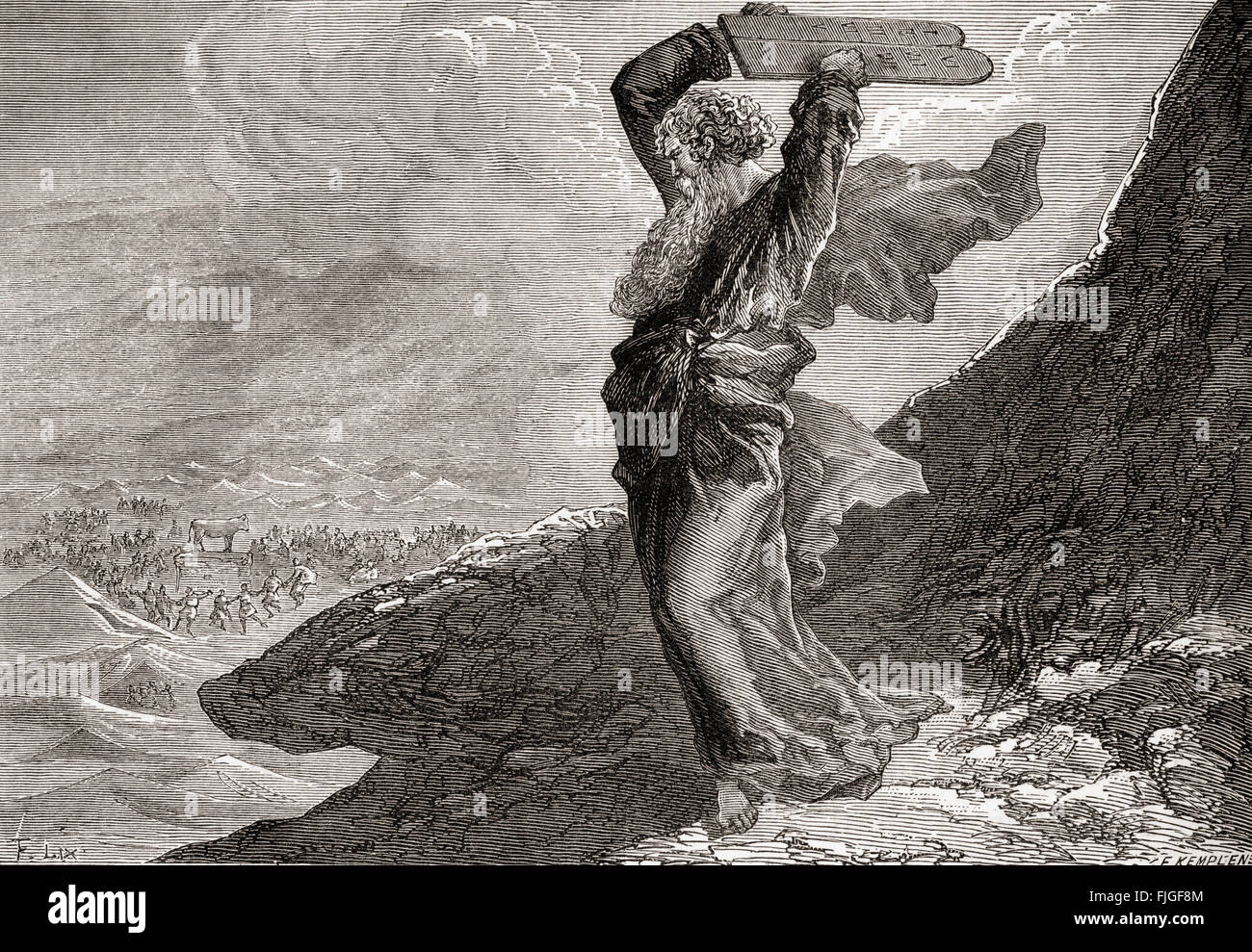 Moses brechen die zwei Steintafeln, auf denen die zehn Gebote geschrieben wurden.  Das Buch von Exodus, altes Testament. Stockfoto