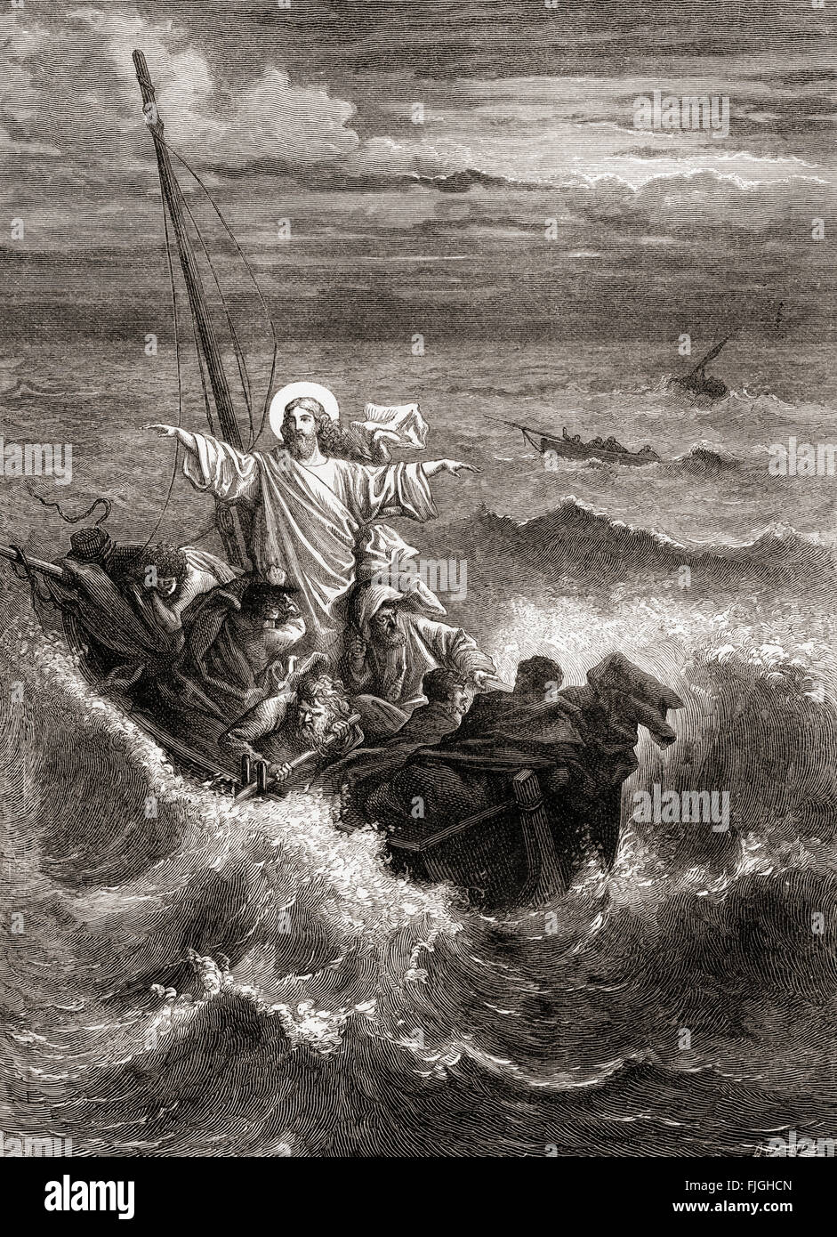 Jesus beruhigt den Sturm auf dem See Genezareth.  Aus den Evangelien, neues Testament. Stockfoto