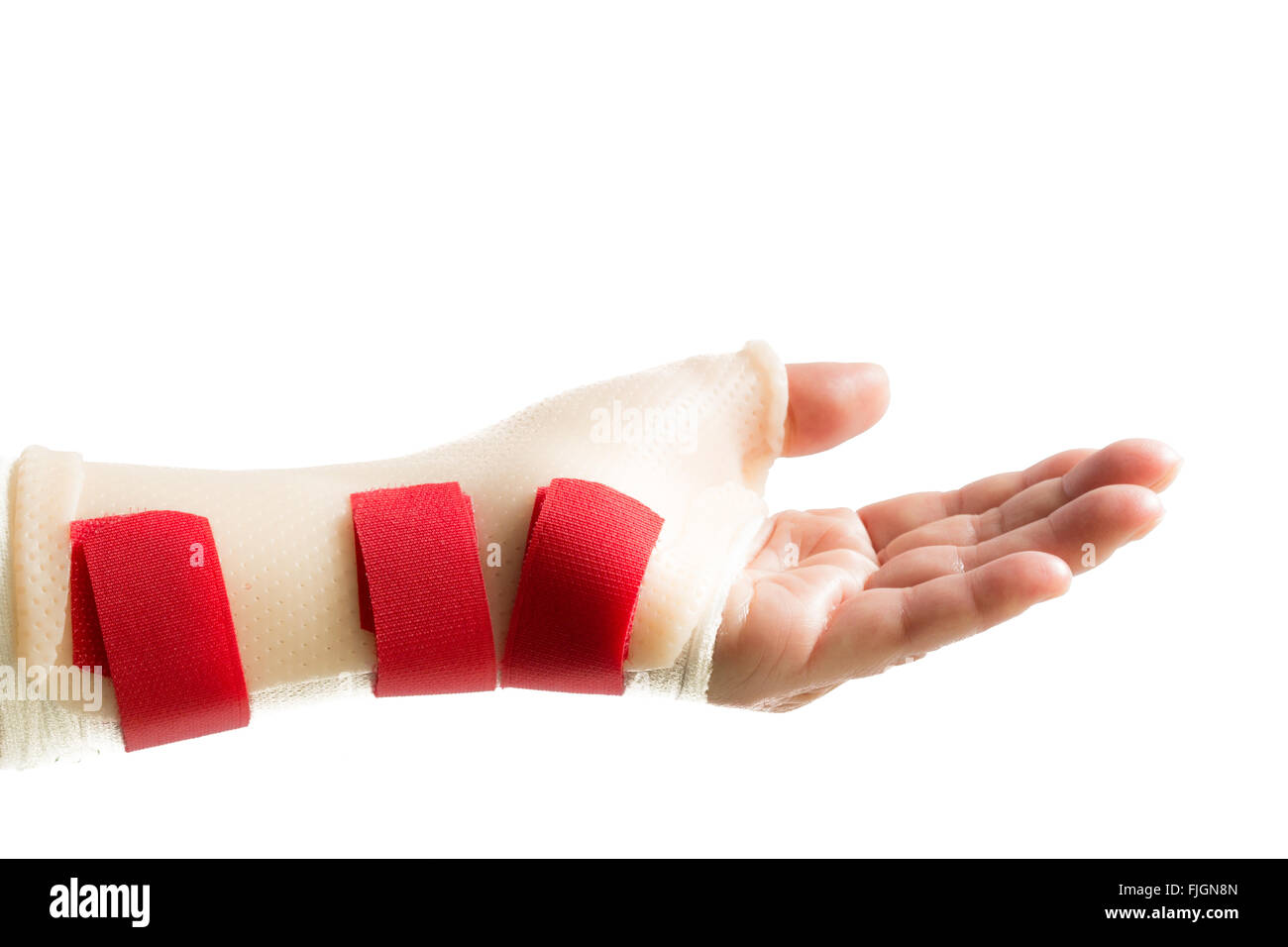 Seitenansicht der linken Hand hält Palm mit Handgelenk und Daumen splint Stockfoto