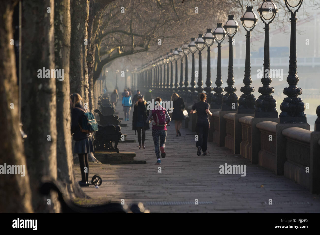 Läufer joggt entlang der Themse bei Cheyne Walk beim Sonnenaufgang auf einem kalten, aber klaren London morgen Stockfoto