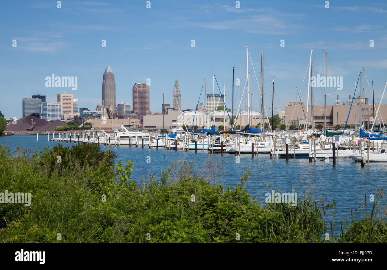 Cleveland, Ohio Skyline vom Westside Yacht club Stockfoto
