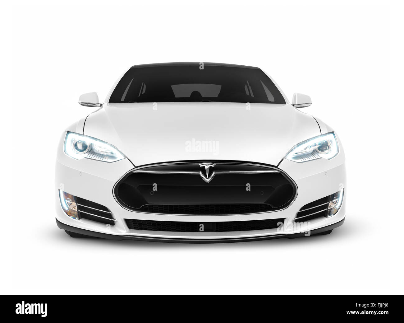 Führerschein und Ausdrucke bei MaximImages.com–2017 Tesla Model S Luxus-Elektrofahrzeug, Vorderansicht isoliert auf weißem Hintergrund mit Beschneidungspfad Stockfoto