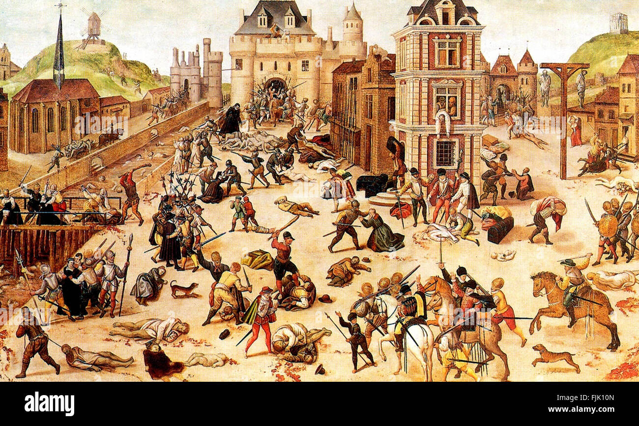 Ein Augenzeugenbericht von Massaker der Bartholomäusnacht von Francois Dubois. Die St.-Bartholomäus Massaker im Jahr 1572 war eine Zielgruppe der Morde und eine Welle der katholischen Mob Gewalt, gegen die Hugenotten (französische calvinistischen Protestanten) während der französischen Religionskriege. Stockfoto