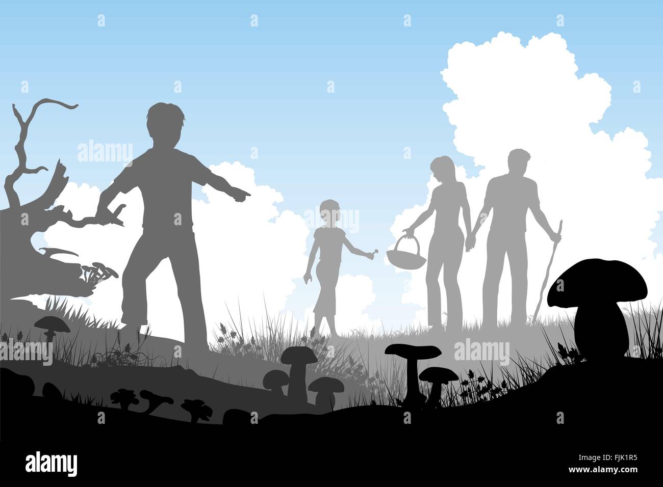 EPS8 bearbeitbare Ausschnitt Vektorgrafik einer Familie Jagd für Speisepilze mit Menschen und Pilze als separate Objekte Stock Vektor