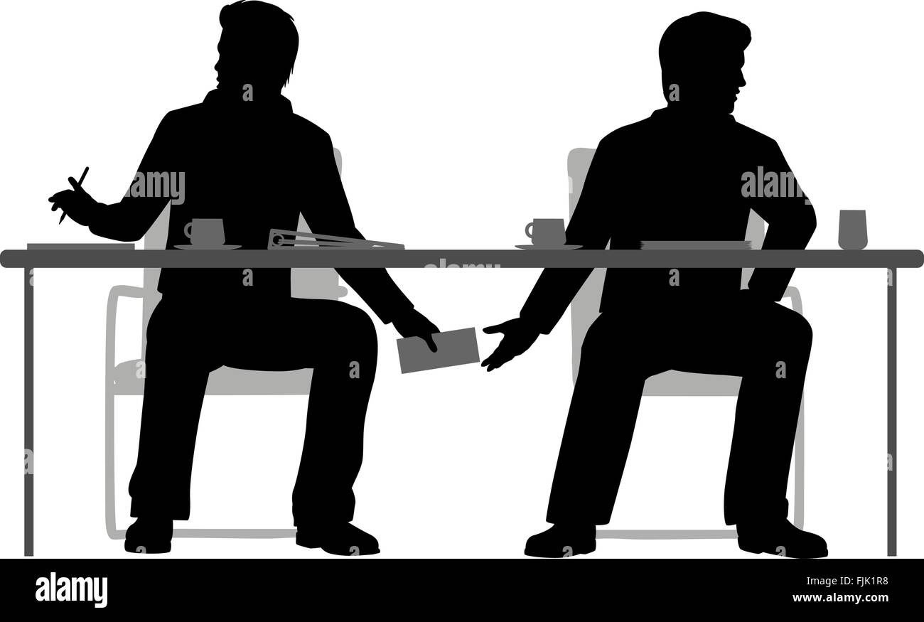 EPS8 bearbeitbares Vektor-Illustration von zwei Geschäftsleute machen einen geheimen Deal unter dem Tisch Stock Vektor