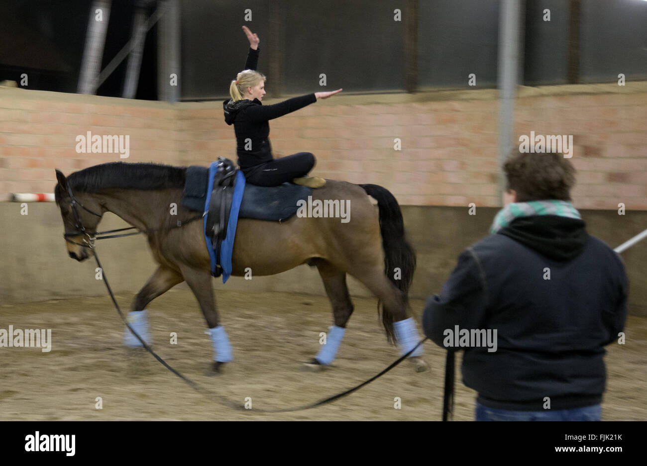 Eggermuehlen, Deutschland. 24. Februar 2016. Schülerin Hanna Lagemann sitzen auf Laser das Pferd beim Reiten Voltigieren in Eggermuehlen, Deutschland, 24. Februar 2016. Hanna nahm Pferdesport Voltigieren als Prüfung Fach für Abitur (A-Level). Foto: FRISO GENTSCH/DPA/Alamy Live-Nachrichten Stockfoto Eggermuehlen, Deutschland. 24. Februar 2016. Schülerin Hanna Lagemann sitzen auf Laser das Pferd beim Reiten Voltigieren in Eggermuehlen, Deutschland, 24. Februar 2016. Hanna nahm Pferdesport Voltigieren als Prüfung Fach für Abitur (A-Level). Foto: FRISO GENTSCH/DPA/Alamy Live-Nachrichten Stockfoto