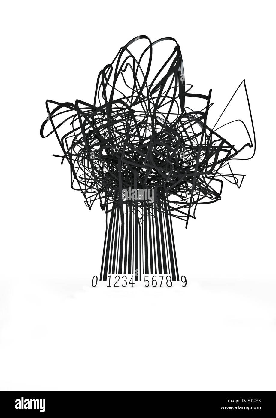 Barcode-Baum / 3D Render Baum wächst aus dem Bar-Code Stockfoto