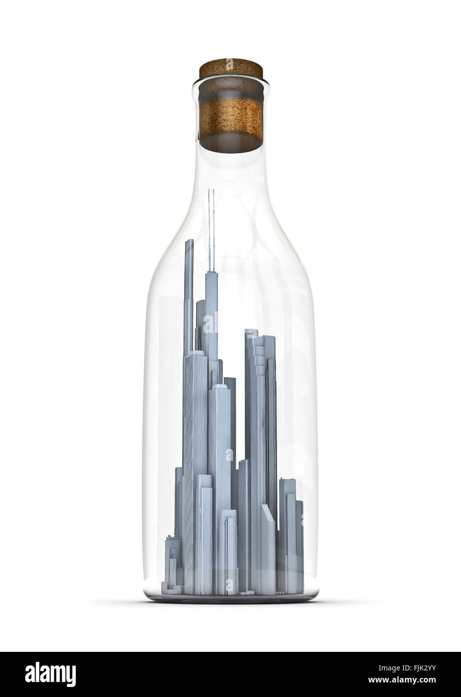 Stadt in einer Flasche / 3D-Render winzigen modernen Stadt in verkorkten Flasche Stockfoto