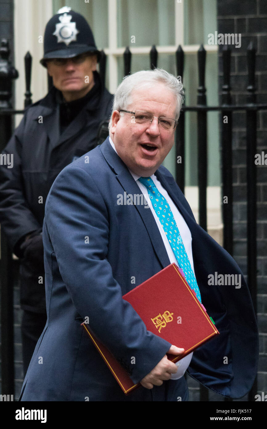 2. März 2016. Verkehrsminister Patrick McLoughlin kommt bei der wöchentlichen Kabinettssitzung in 10 Downing Street, London. Stockfoto