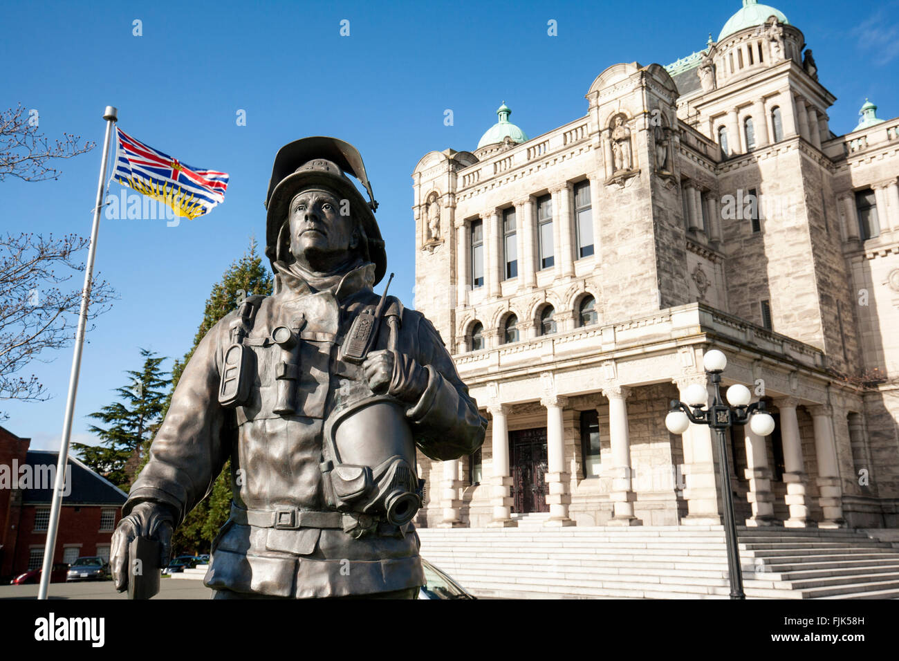 Der letzte Alarm-Statue von Dean Lauze - British Columbia Parlamentsgebäude - Victoria, Vancouver Island, Britisch-Kolumbien, Canad Stockfoto