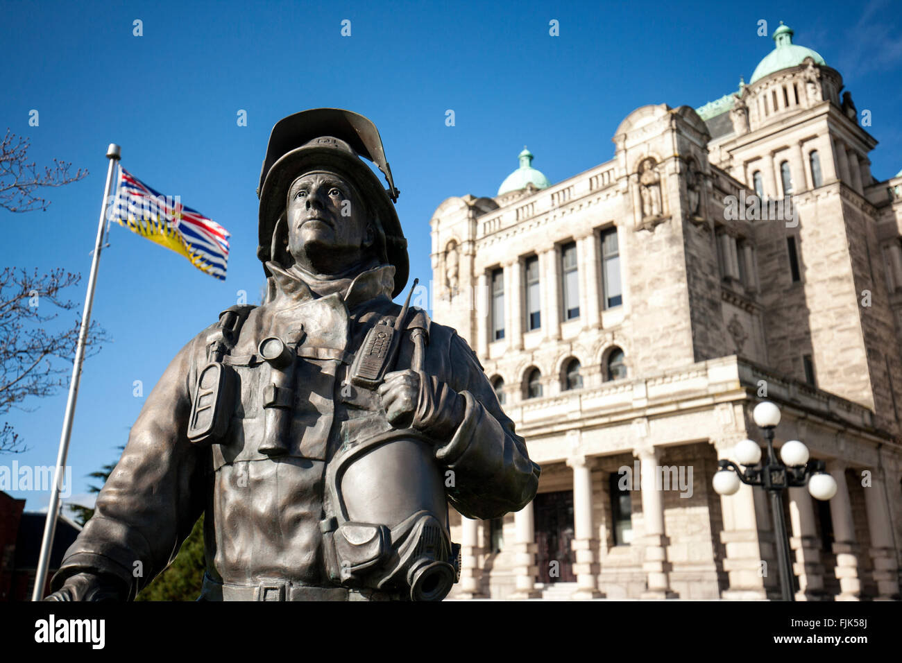 Der letzte Alarm-Statue von Dean Lauze - British Columbia Parlamentsgebäude - Victoria, Vancouver Island, Britisch-Kolumbien, Canad Stockfoto