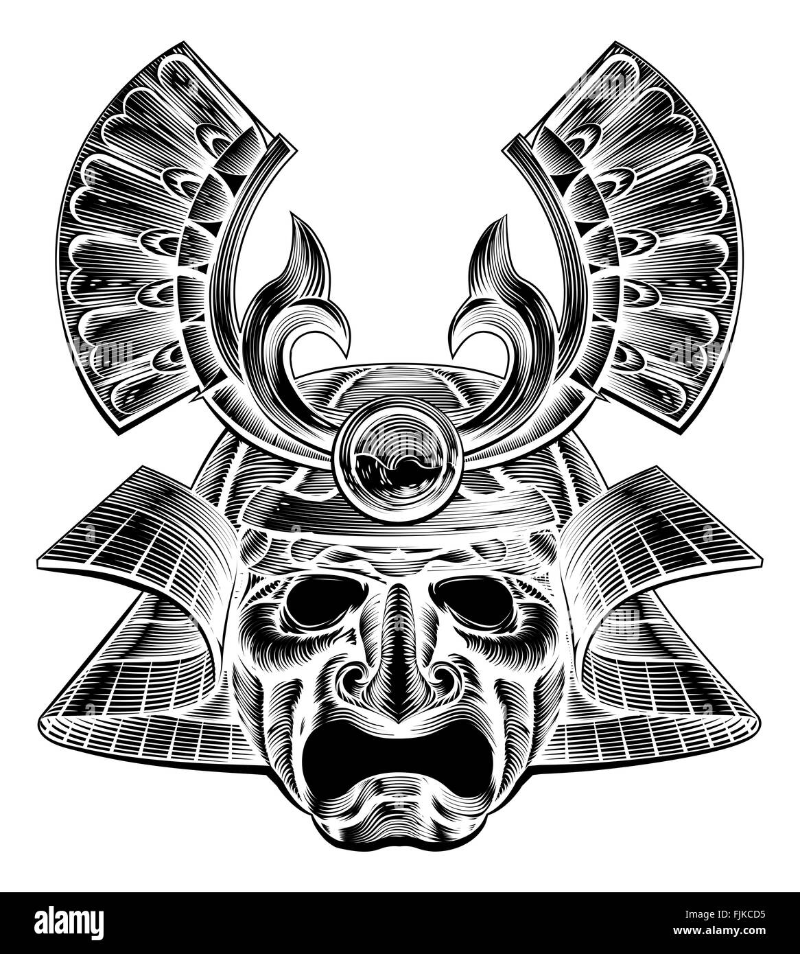 Ein Samurai Maske Krieger Helm in einem Vintage Holzschnitt-Stil Stockfoto