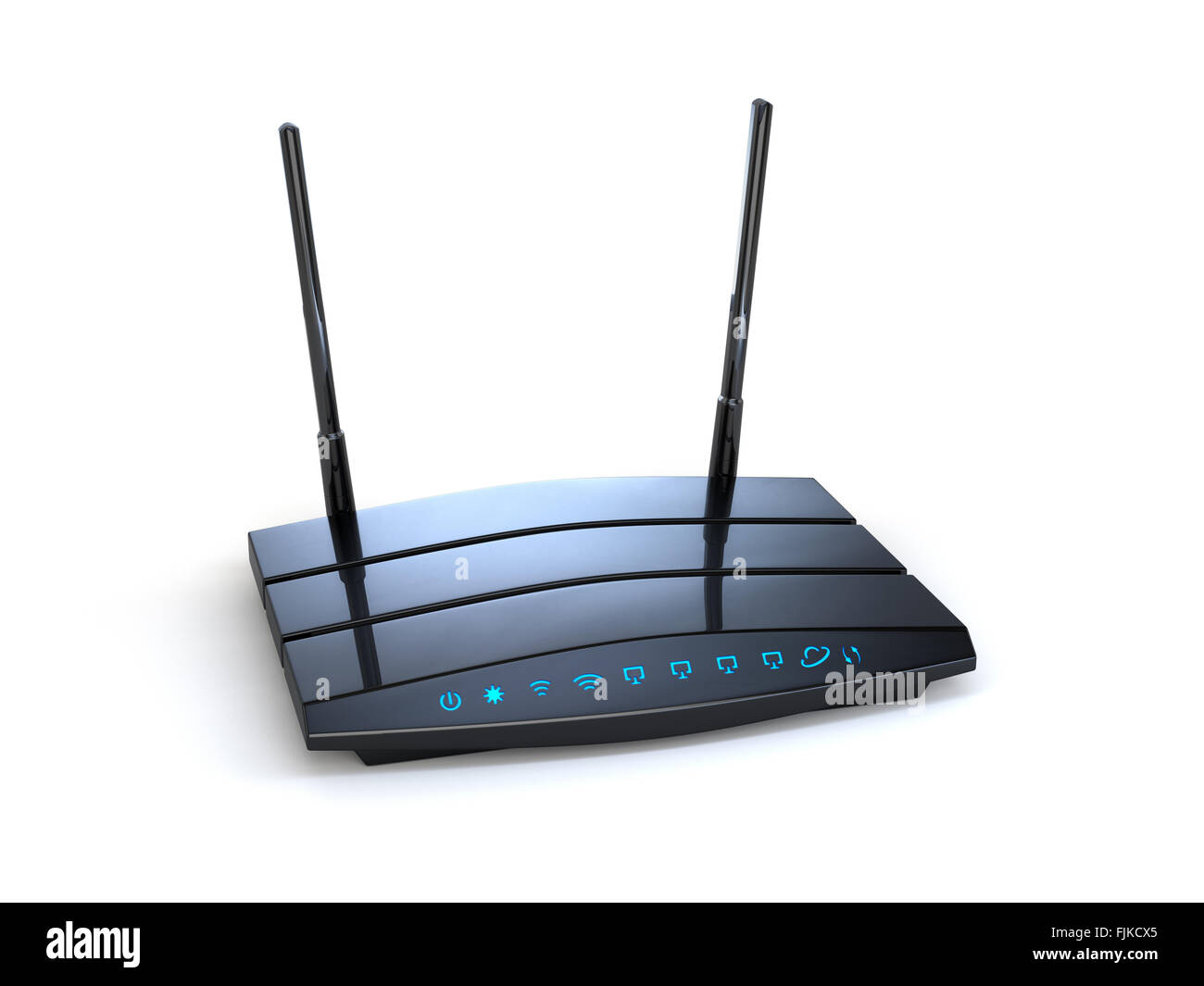 3D moderne Wireless-WiFi-schwarz-Router mit zwei Antennen und blaue Indikatoren isoliert auf weißem Hintergrund. High-Speed Internet co Stockfoto