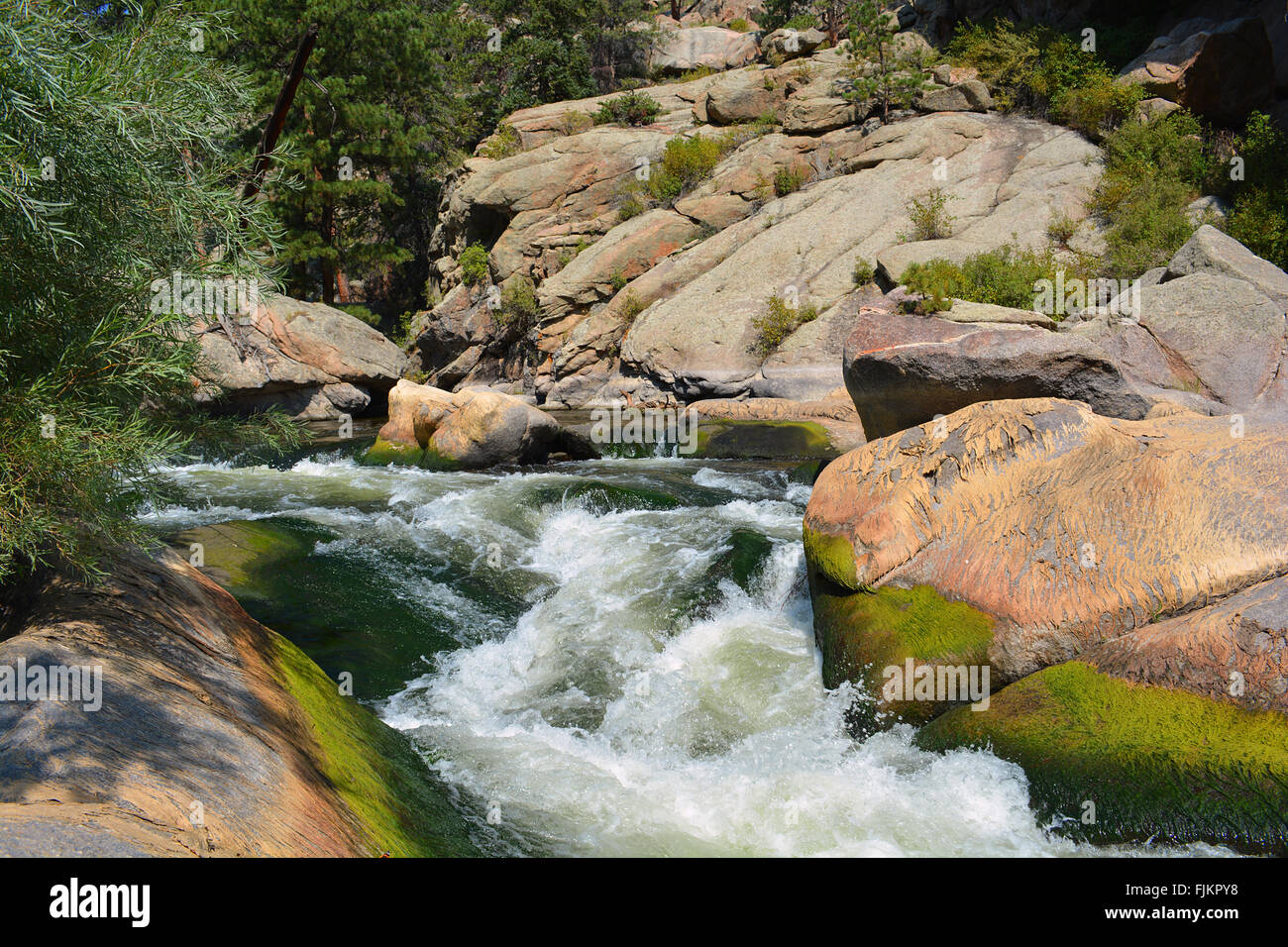 Flusswasser Kaskadierung durch Moos bedeckt Bergfelsen Stockfoto