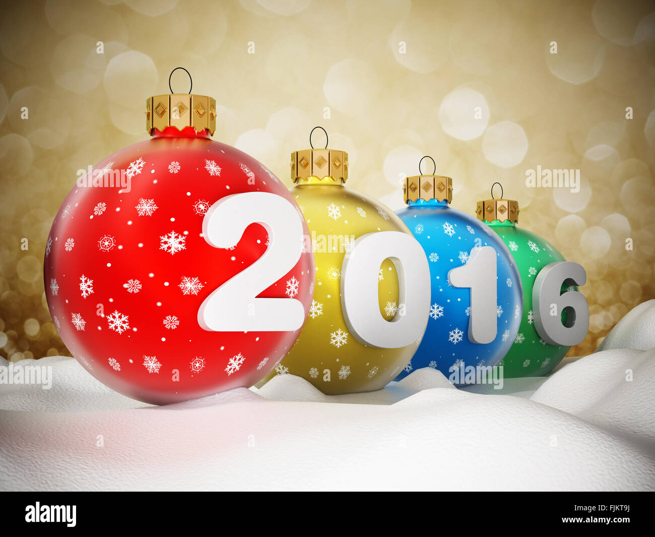 2016-Text auf Multi farbige Weihnachtskugeln auf Schnee Stockfoto