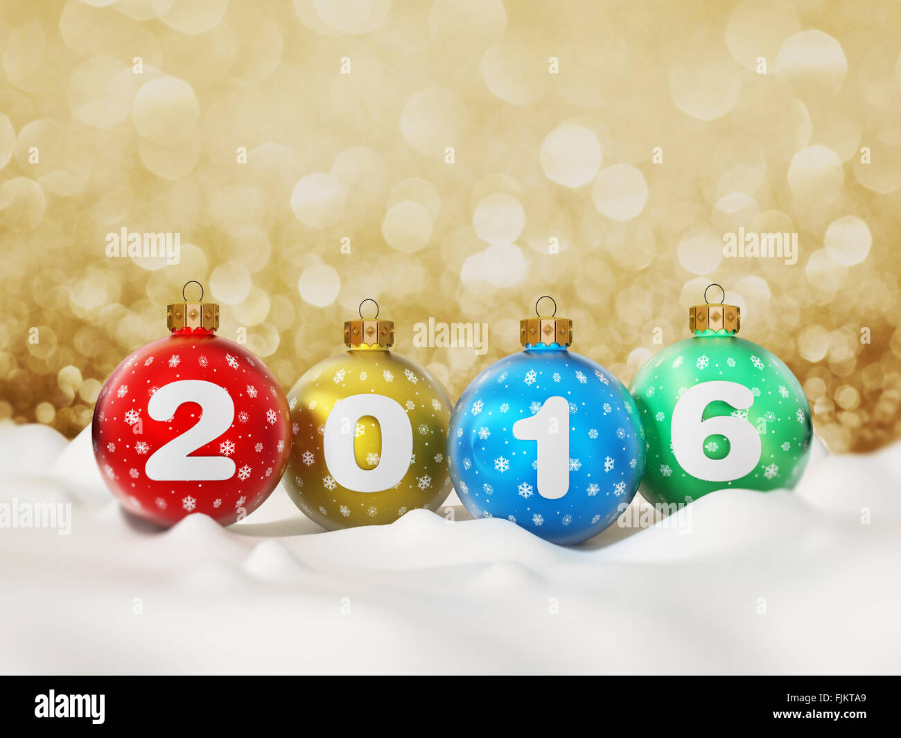 2016-Text auf Multi farbige Weihnachtskugeln auf Schnee Stockfoto