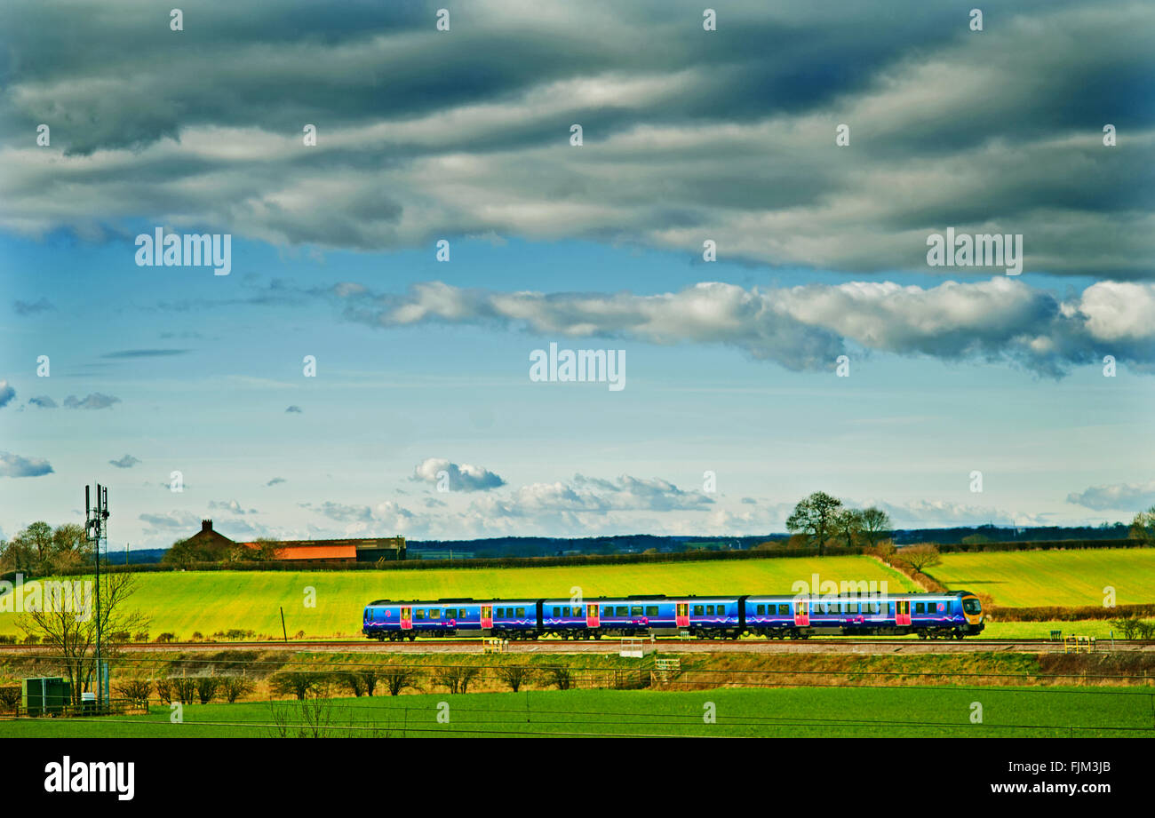 TransPennine Zug auf der Linie der Leeds an Colton Kreuzung südlich von York Stockfoto