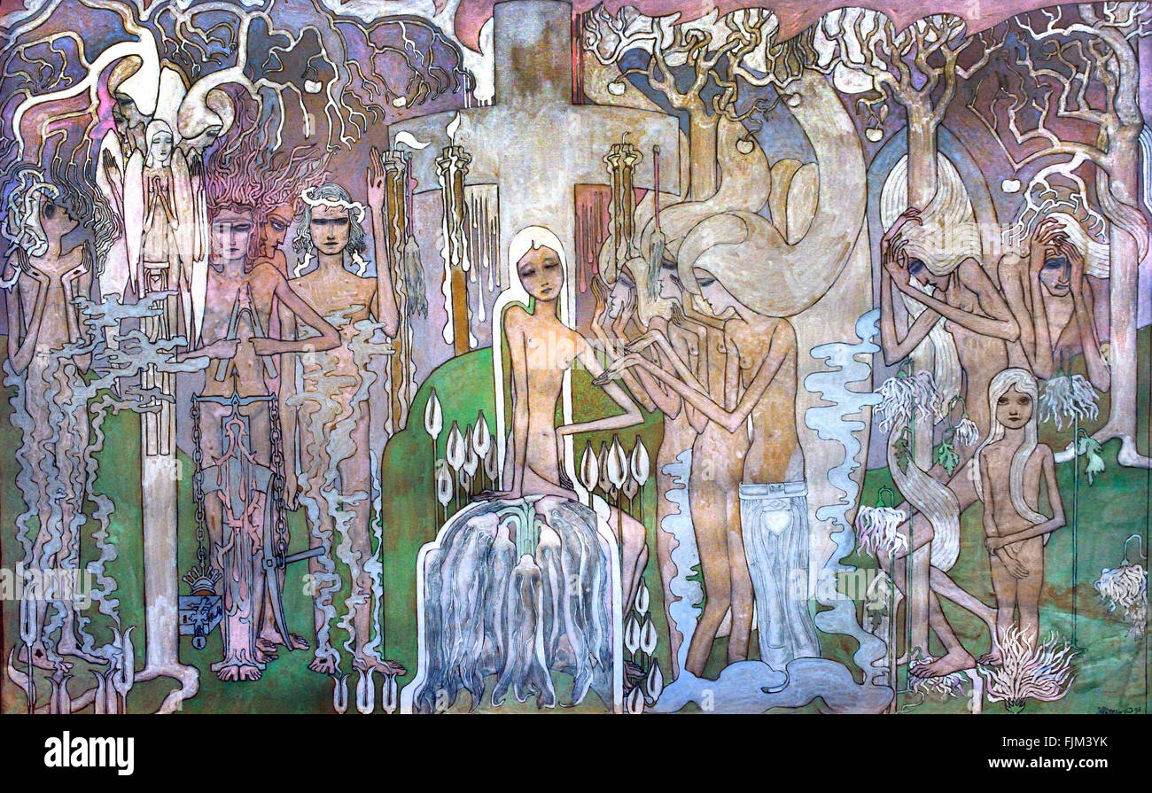 Proklamation des neuen Mystik 1893 Jan Toorop (Johannes Theodorus) 1858-1928 niederländischen indonesischen Symbolik - Jugendstil - Pointillismus Malers Niederlande Stockfoto