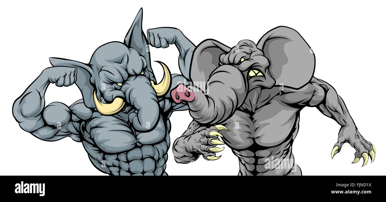 Zwei Elefanten kämpfen, amerikanische politisches Konzept für republikanische GOP Partei Machtkämpfe oder Vorwahlen, Vorwahlen von candida Stockfoto