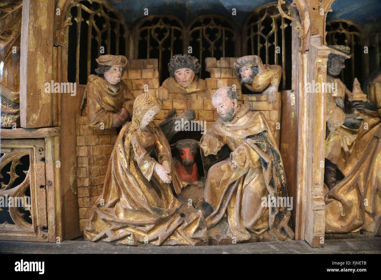 Spätgotik. Altarbild von Leidenschaft und Christi Kindheit. Holz. Polychrome. Von Saint-Sulpice von Chalons-e. Champagne, Frankreich Stockfoto