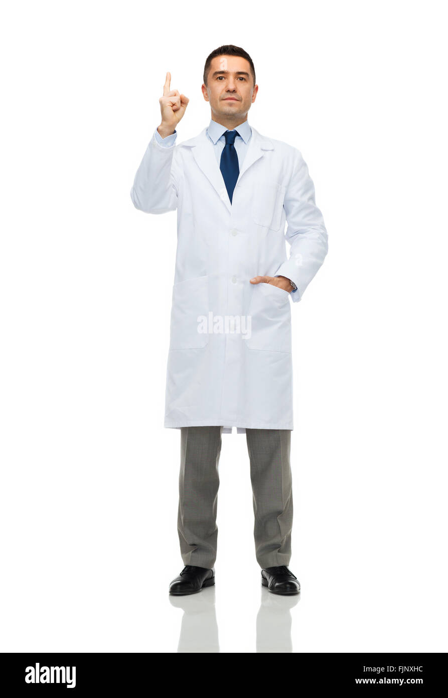 männlichen Arzt im weißen Kittel Finger oben Stockfoto