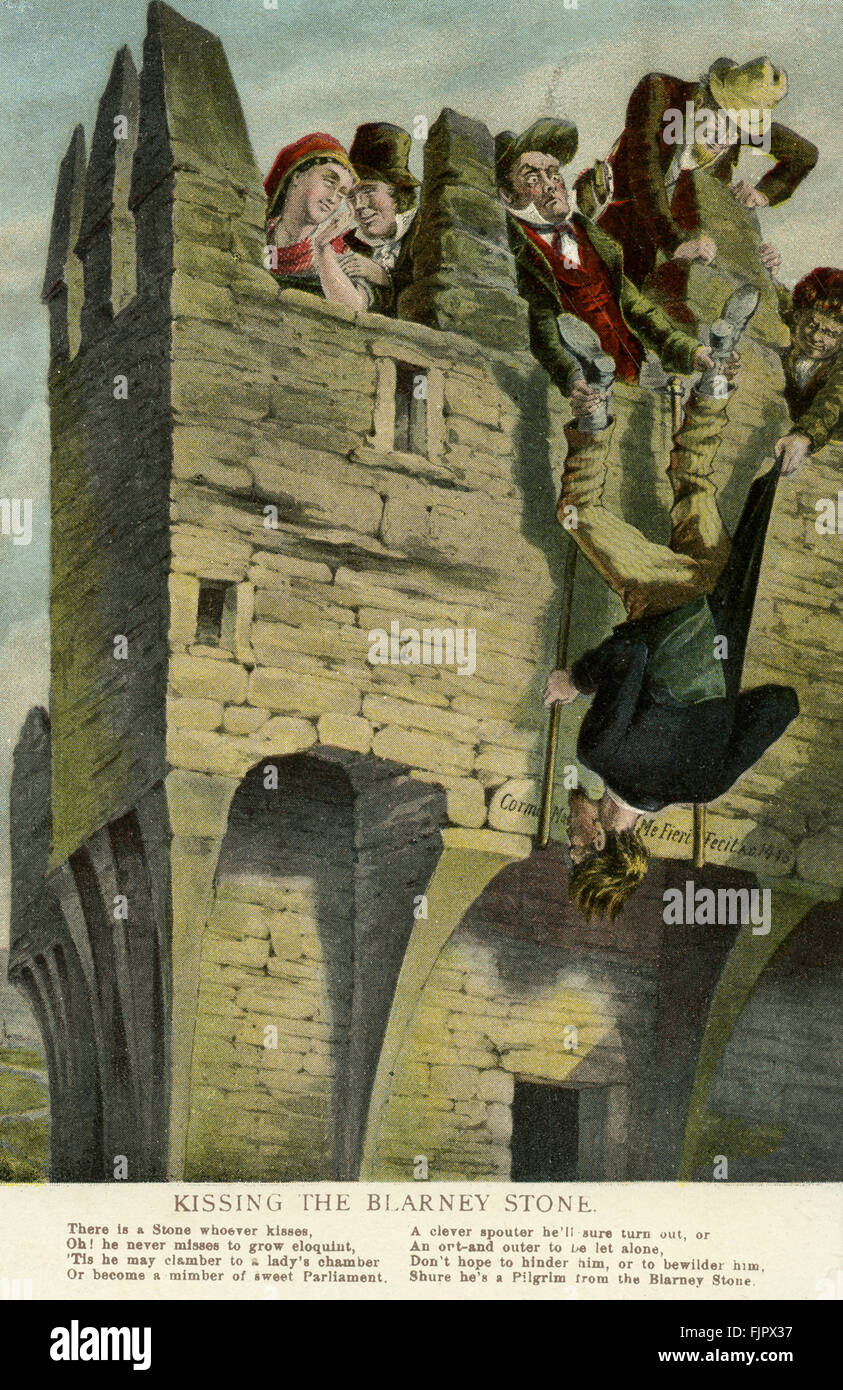 Blarney-Stein - antike Stein im Schloss Blarney küssen soll diejenigen geben, die es eine mystische Beredsamkeit zu küssen. Irland, Postkarte Stockfoto