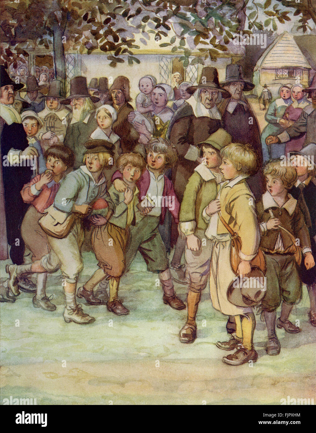 Der scharlachrote Buchstabe, eine Romanze von Nathaniel Hawthorme. Zuerst veröffentlicht 1850. Illustrationen von Hugh Thomson. Bildunterschrift lautet: (Hester Prynne festgelegten auf den Platz für ihre Strafe ernannt.)  "Eine Menge von gespannt und neugierig Schuljungen".  (Kapitel 2)  (Roman im 17. Jahrhundert puritanischen Boston, Massachusetts, 1642 bis 1649, erzählt die Geschichte von Hester Prynne, wer eine Tochter durch eine Affäre begreift). US-amerikanische Schriftstellerin NH 4 1804 – 19. Mai 1864. HT englischer Illustrator 1860-1920. Stockfoto