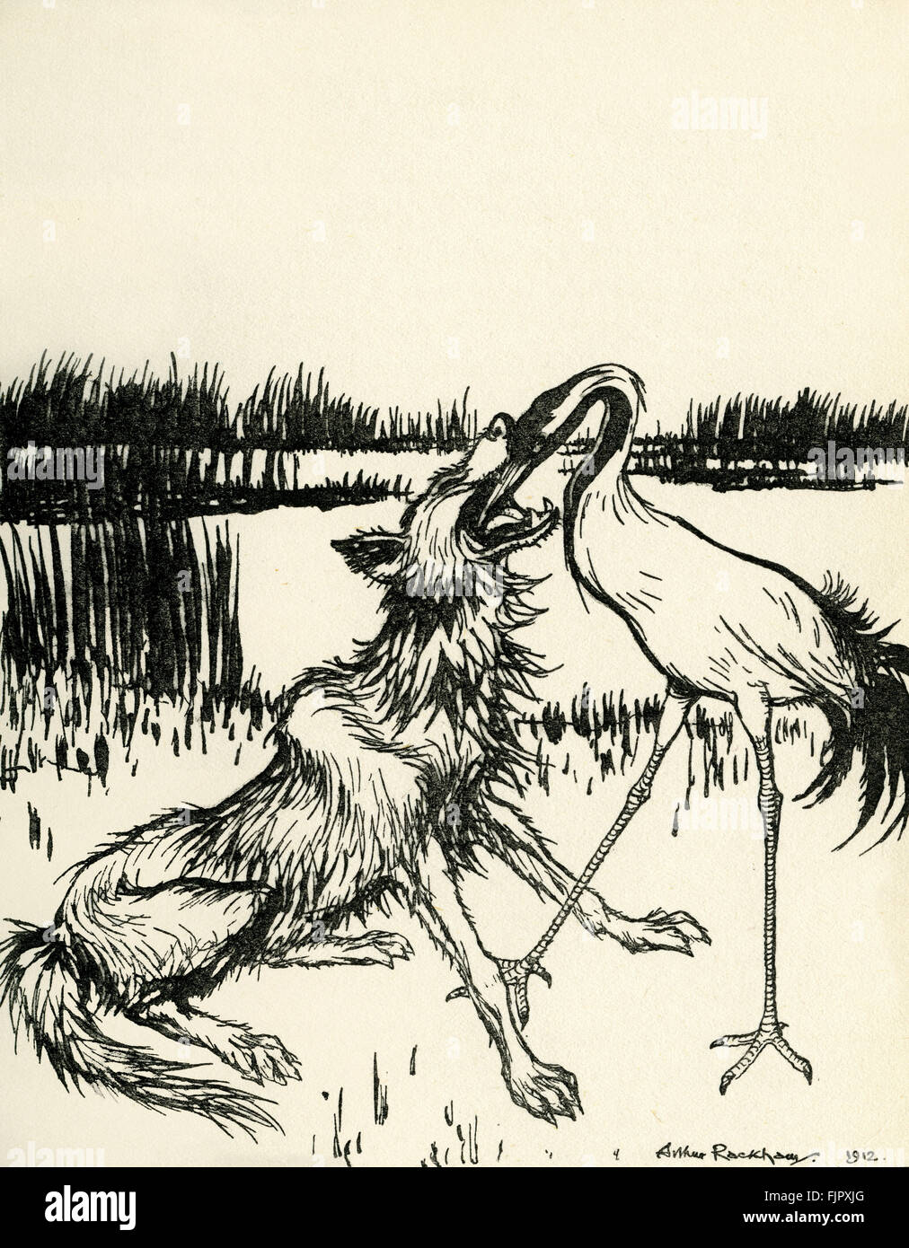Der Wolf und der Kranich. Aesop Fabeln. 1933-Ausgabe illustriert von Arthur Rackham (1867-1939) Stockfoto